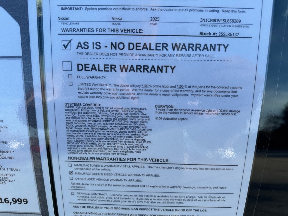 2025 Nissan Versa 1.6 S