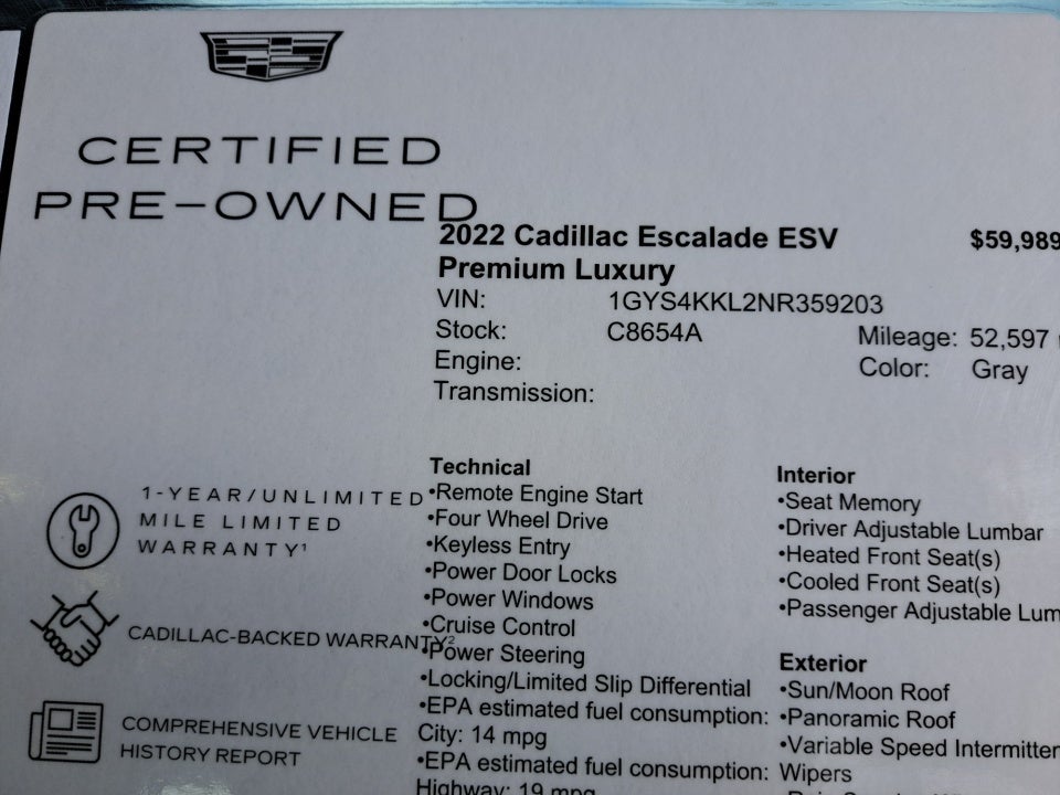 2022 Cadillac Escalade ESV 4WD Premium Luxury